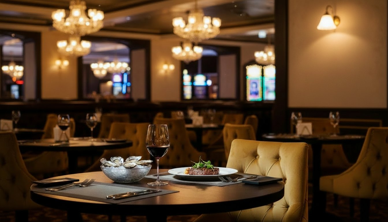 Сервированный стол в Offshore Restaurant: стейк, устрицы и бокал вина