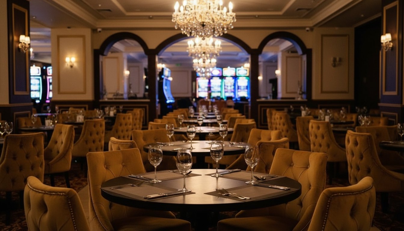 Зал Offshore Restaurant: жёлтые бархатные кресла, накрытые столы и хрустальные люстры, за арками — слот-зал