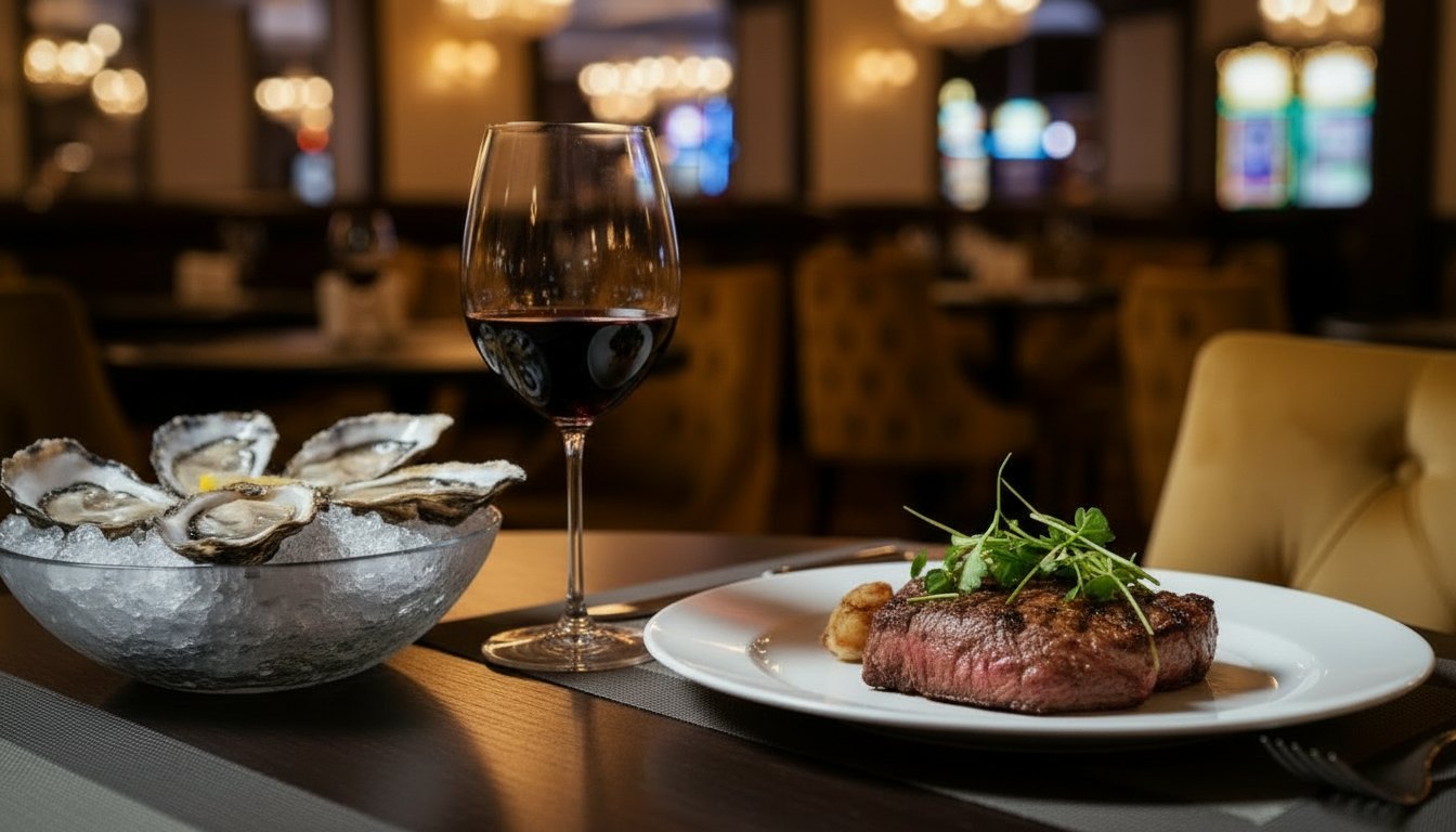 Стейк на белой тарелке, устрицы на льду и бокал красного вина на столе Offshore Restaurant